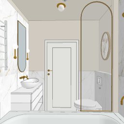 WESDOM - Projektowanie wnętrz mieszkalnych i użyteczności publicznej - Wizualizacja łazienki z marmurowymi płytkami, białymi meblami i złotymi akcentami, w tym armatura, rama lustra i grzejnik ręcznikowy.