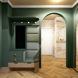 Wizualizacja - koncepcja plastyczna korytarza wejściowego z zabudową stolarską i tapicerką oraz przedpokoju z tapetą