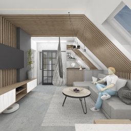 Mieszkanie na poddaszu w stylu Japandi, który łączący japoński minimalizm ze skandynawskim ciepłem w aranżacji. Połączenie betonu i drewna, które właściciel bardzo uwielbia. 