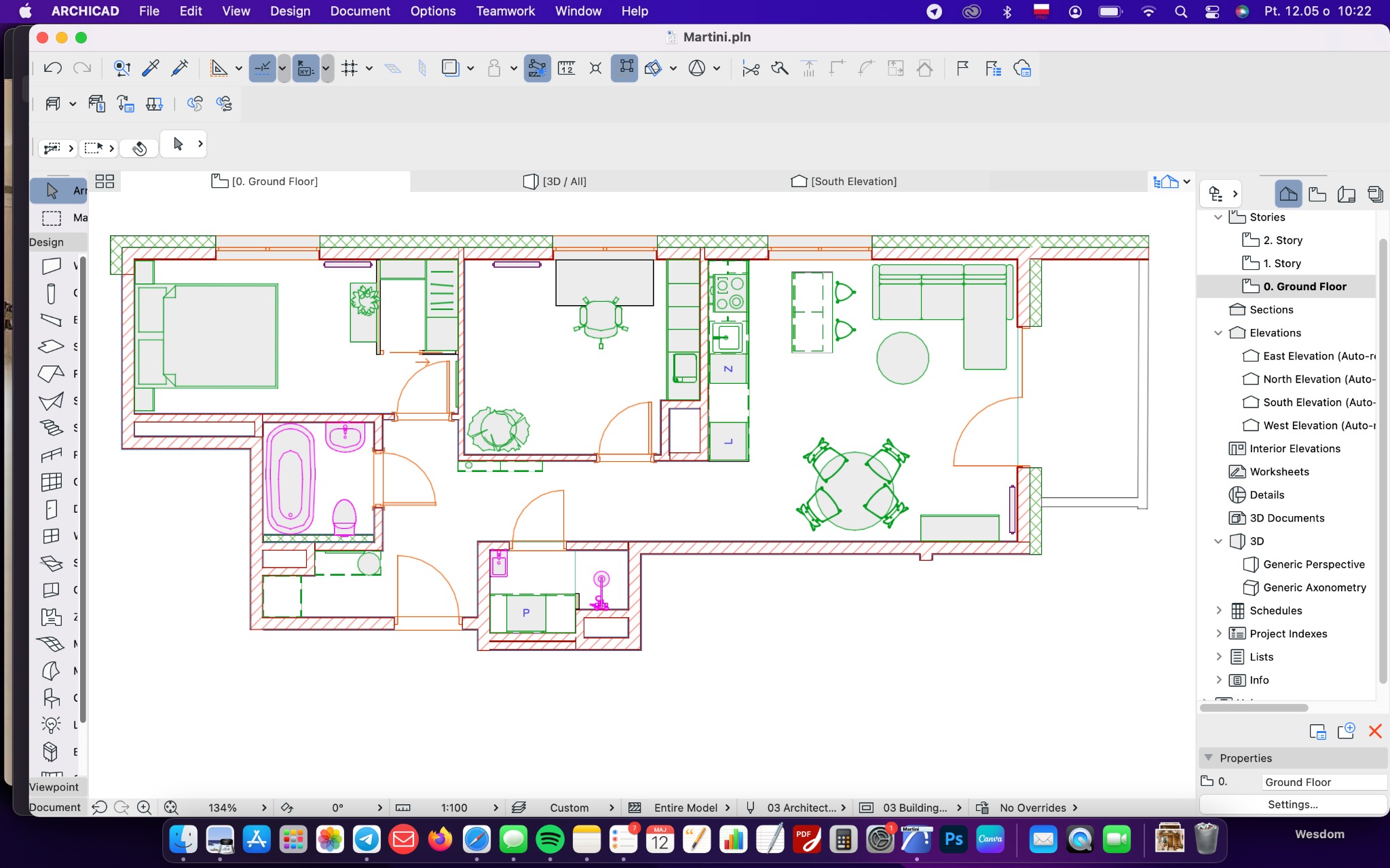 Rzut poziomy mieszkania z rozmieszczeniem mebli i wyposażenia, widok z góry w programie Archicad, z widocznymi warstwami i narzędziami programu.
