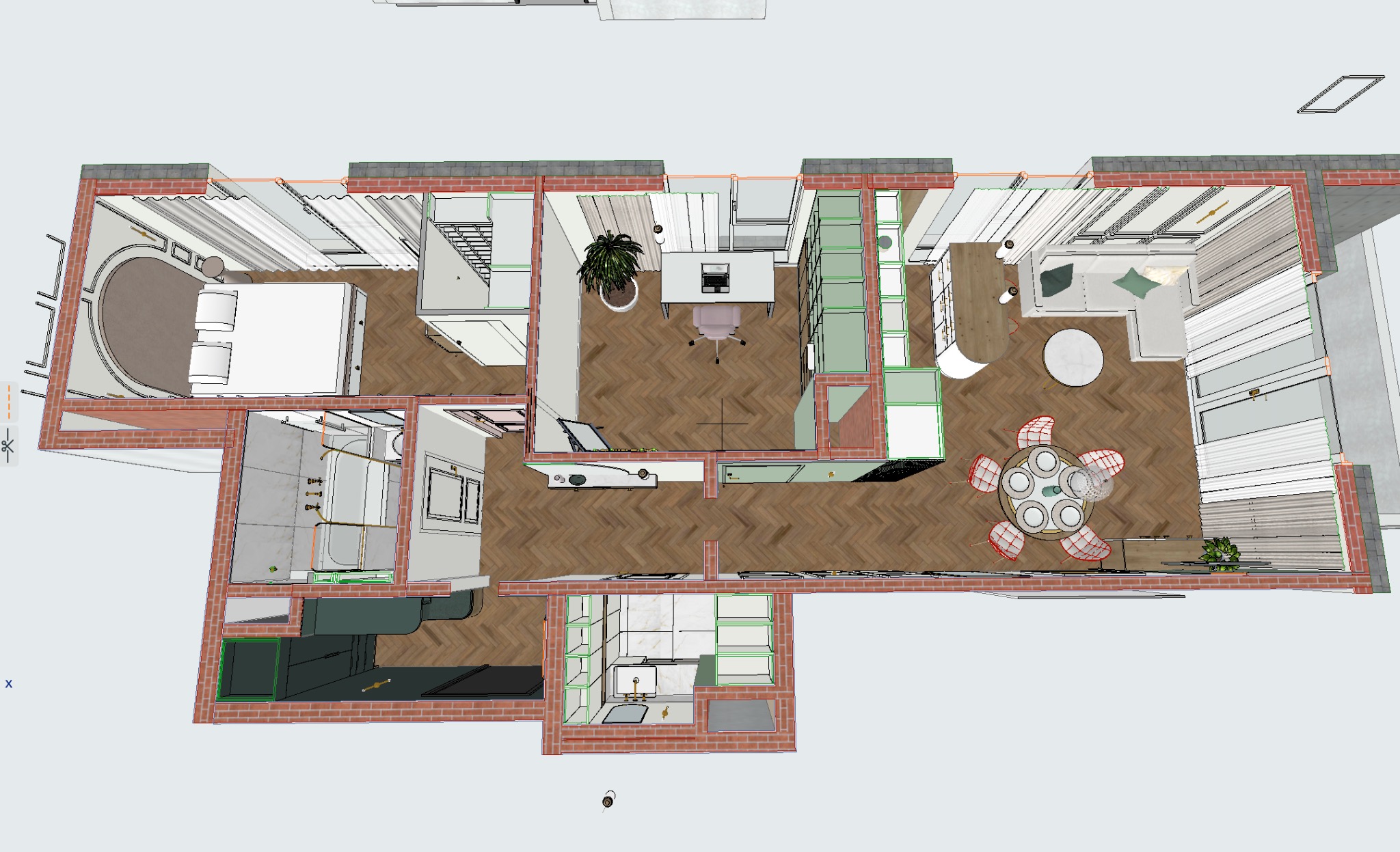 Model 3D mieszkania z góry, ukazujący układ pomieszczeń: sypialnia z okrągłym łóżkiem, łazienka, gabinet z biurkiem i regałami, kuchnia oraz salon z jadalnią i wyjściem na balkon.