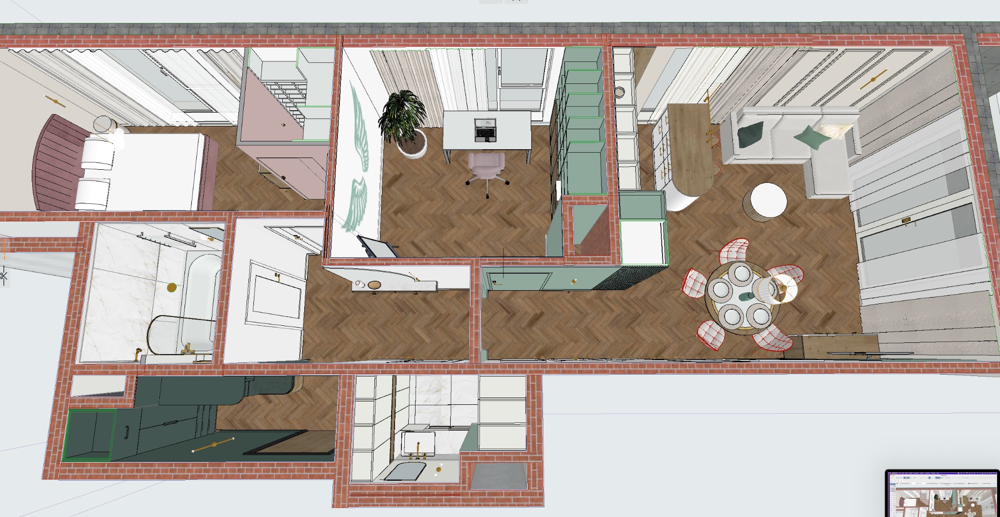 Przekrój 3D mieszkania z widocznym układem pomieszczeń: sypialnia z łukowatym wezgłowiem łóżka, łazienka z wanną wolnostojącą, gabinet z biurkiem i regałem, salon z narożną sofą i okrągłym stołem...
