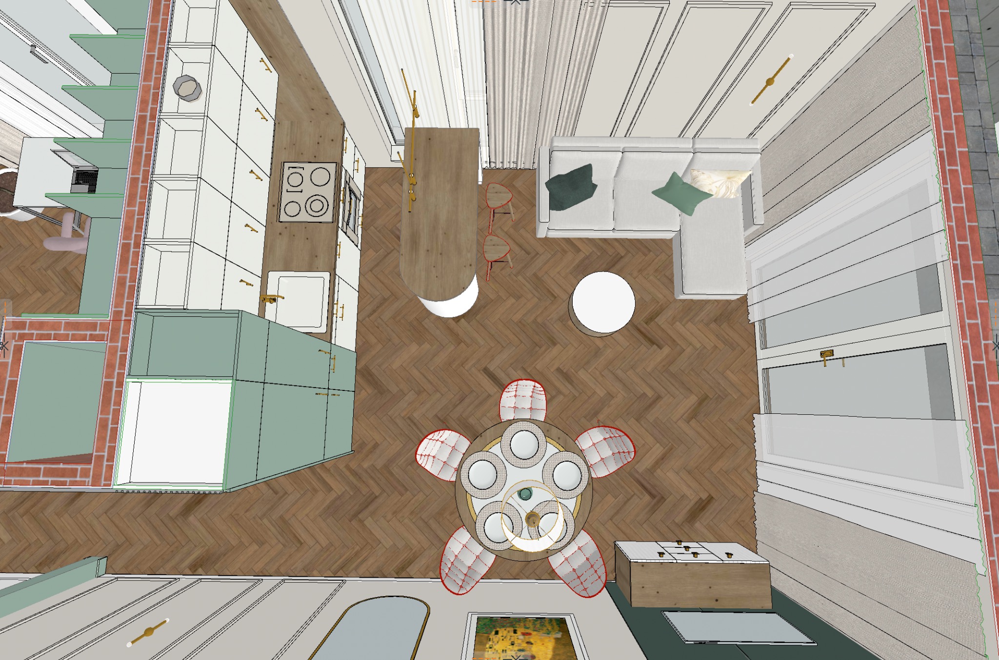 Widok z góry na model 3D wnętrza mieszkania: kuchnia z wyspą, jadalnia z okrągłym stołem i krzesłami z ażurowymi oparciami, salon z narożną sofą i stolikiem kawowym, parkiet w jodełkę.