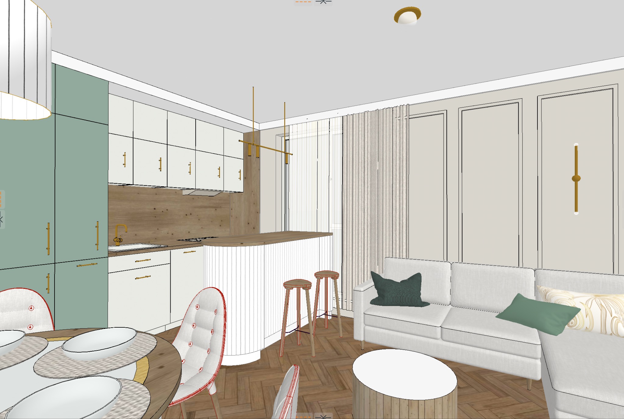 Wizualizacja 3D wnętrza mieszkania z otwartą kuchnią, jadalnią i salonem, w kolorystyce bieli, drewna i pistacjowej zieleni, z widocznymi krzesłami w stylu retro i nowoczesną sofą.
