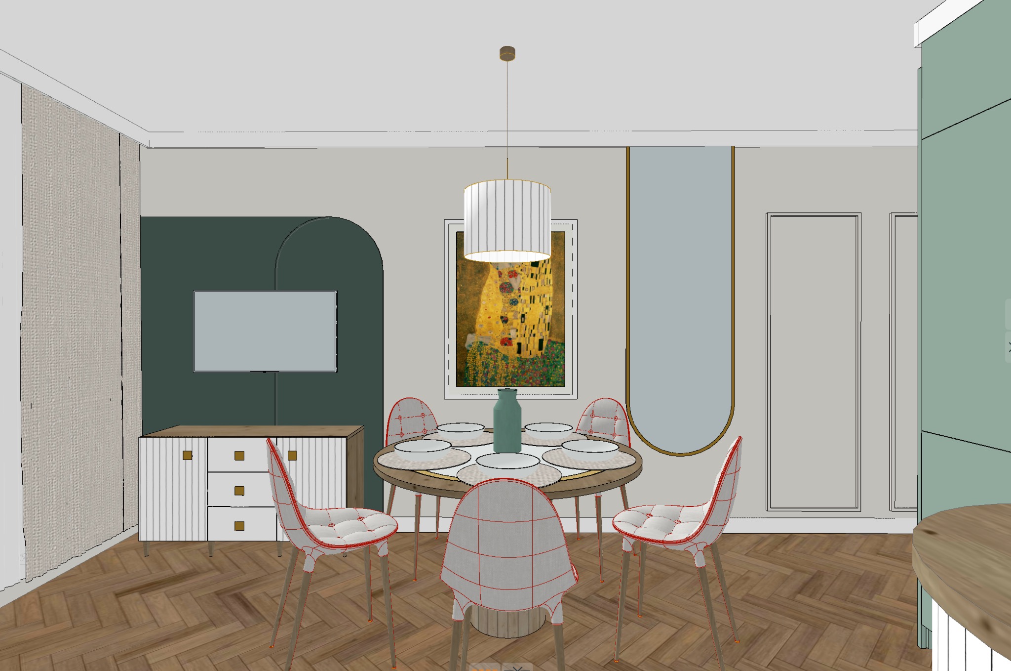 Wizualizacja 3D jadalni z okrągłym stołem, krzesłami z tapicerką w kratę, komodą z telewizorem i obrazem Klimta w tle.