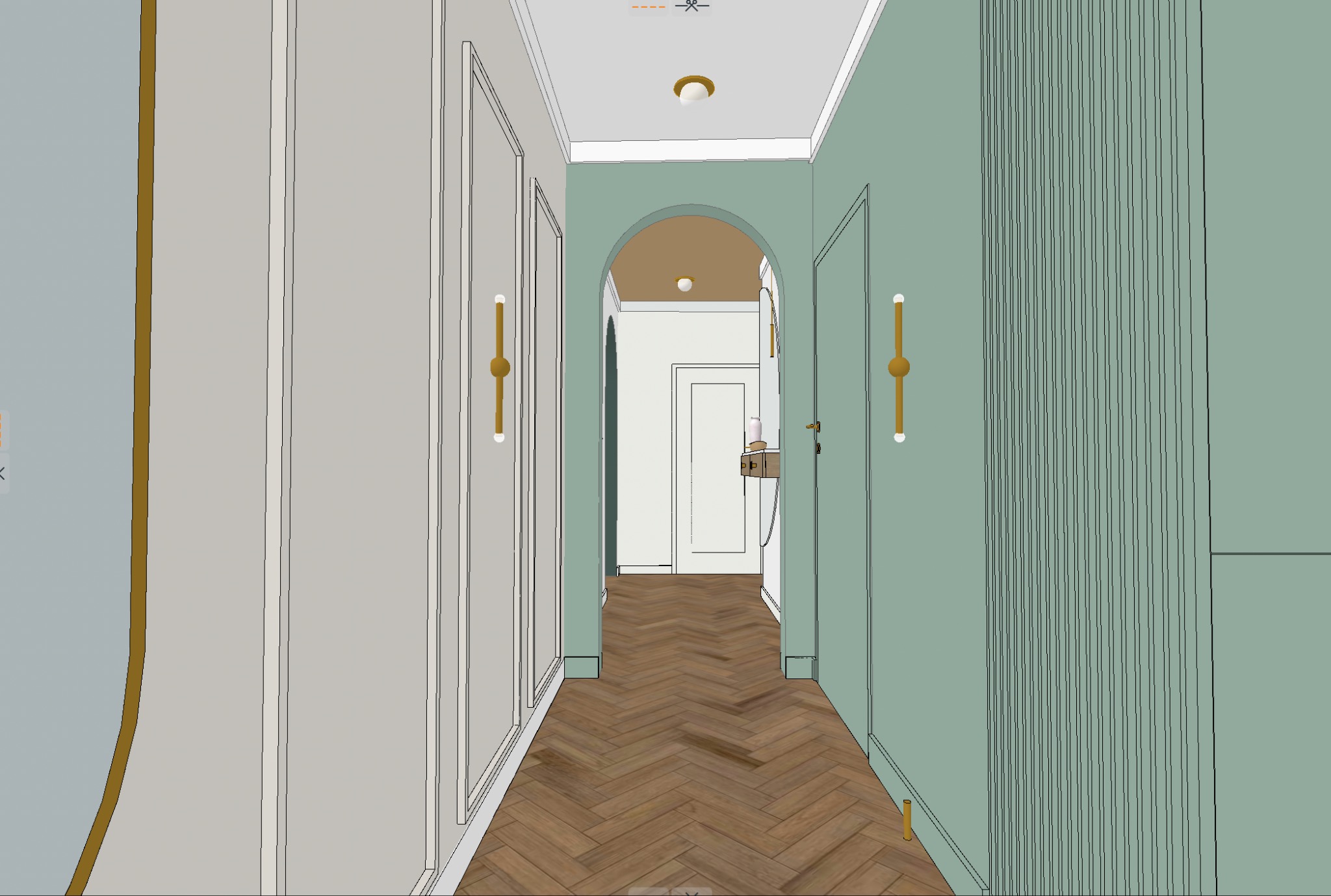 Wizualizacja 3D korytarza w pastelowych kolorach z parkietem w jodełkę, oświetleniem ściennym i łukowym przejściem do łazienki.