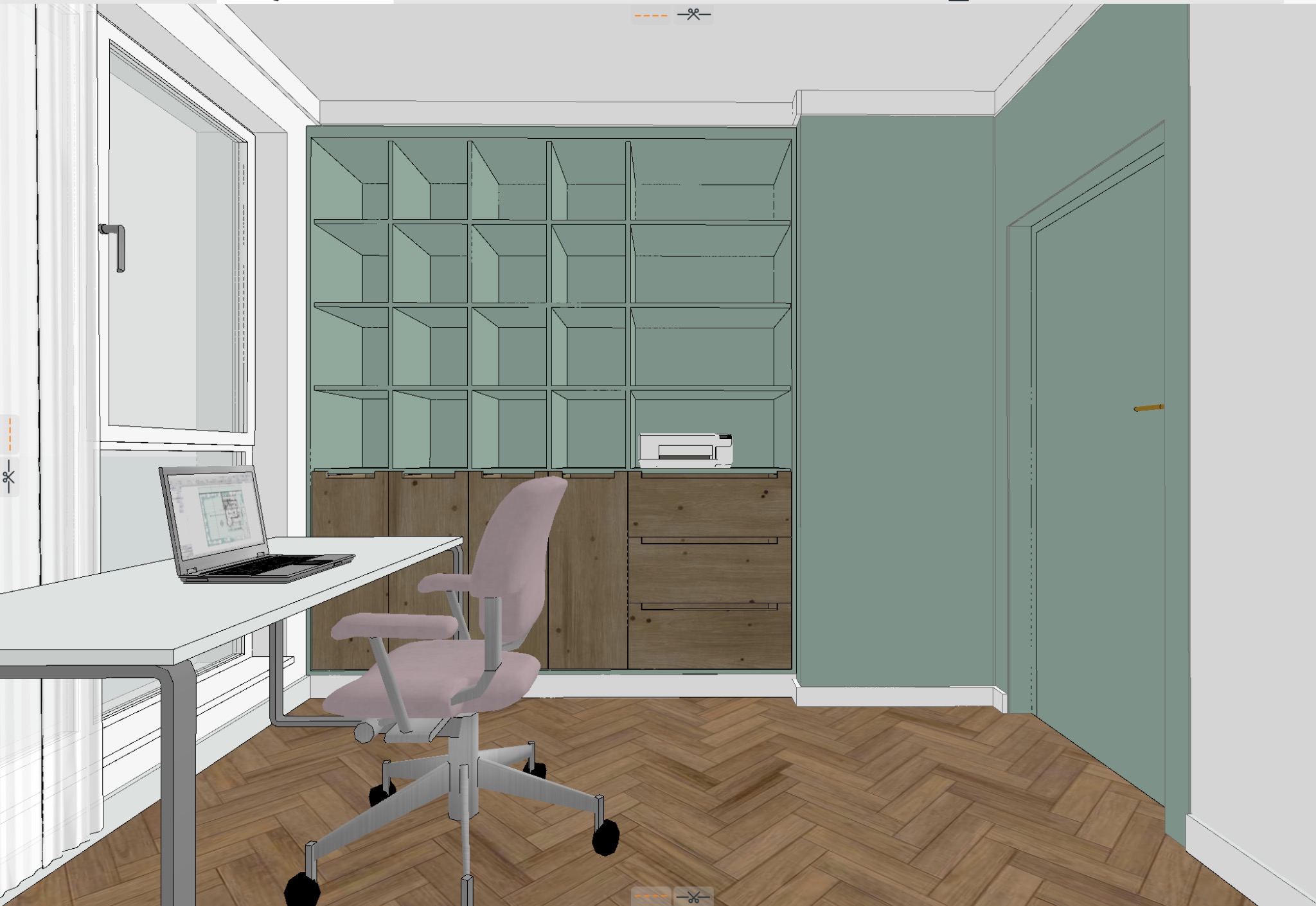 Wizualizacja 3D biura domowego z biurkiem, krzesłem na kółkach, regałem z szafkami i drukarką, widok na podłogę z parkietem w jodełkę.