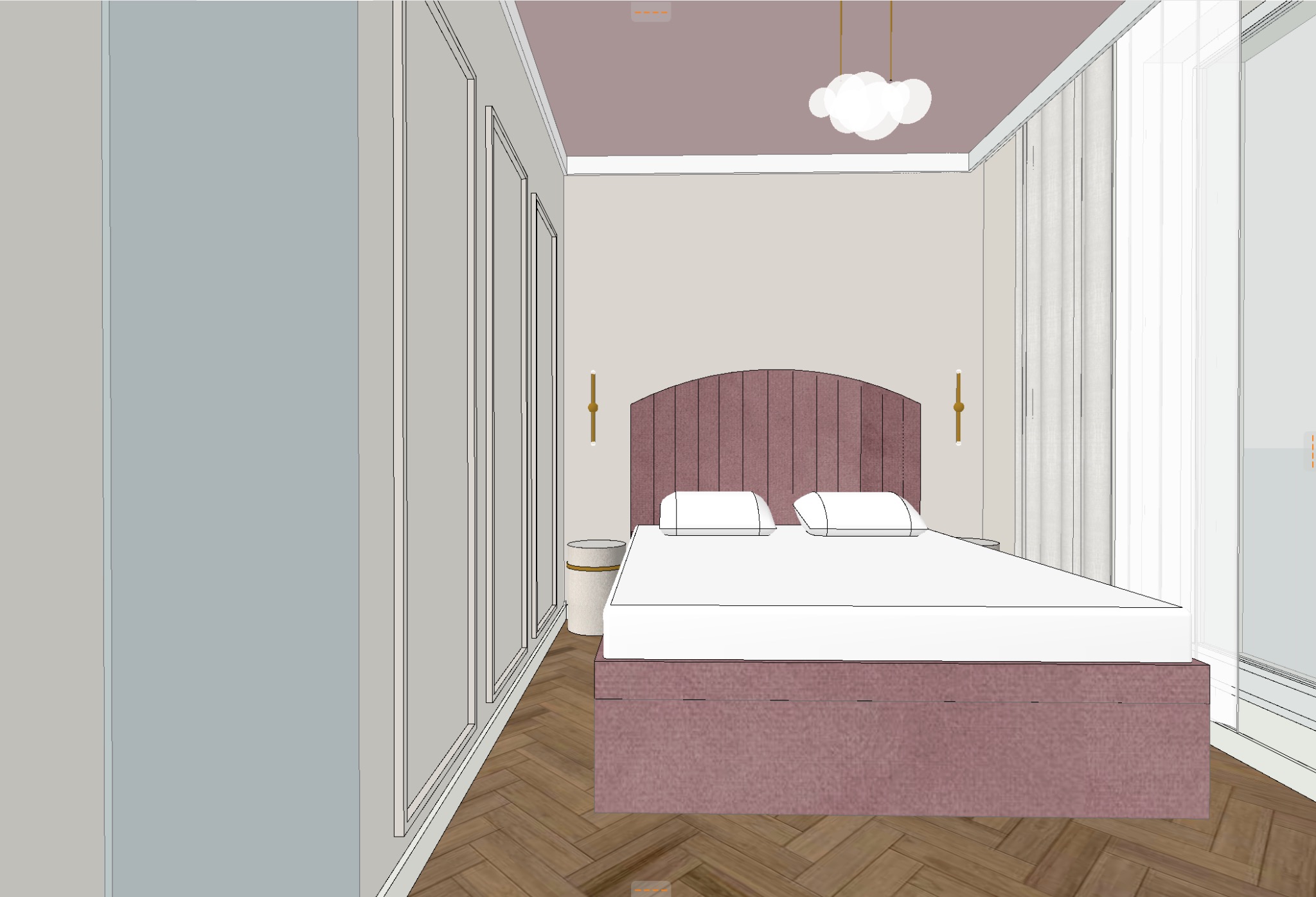 Wizualizacja 3D sypialni z łóżkiem z bordowym wezgłowiem, parkietem w jodełkę, lampą w kształcie chmury i oświetleniem ściennym, prezentowana w fazie koncepcyjnej.