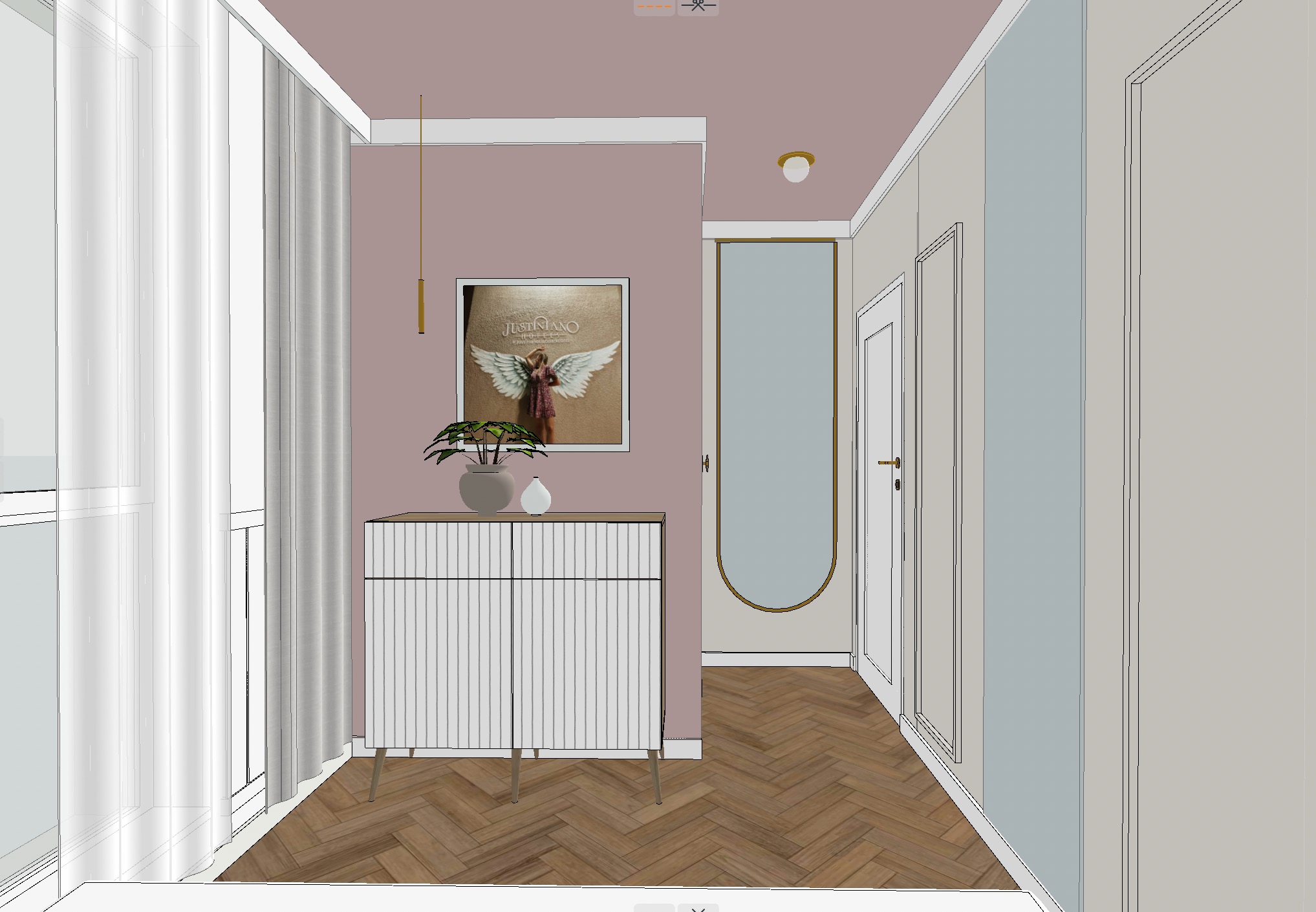Wizualizacja 3D przedpokoju w odcieniach różu i bieli z parkietem w jodełkę. Na tle ściany komoda z rośliną doniczkową i plakatem, obok lustro w złotej ramie i drzwi.