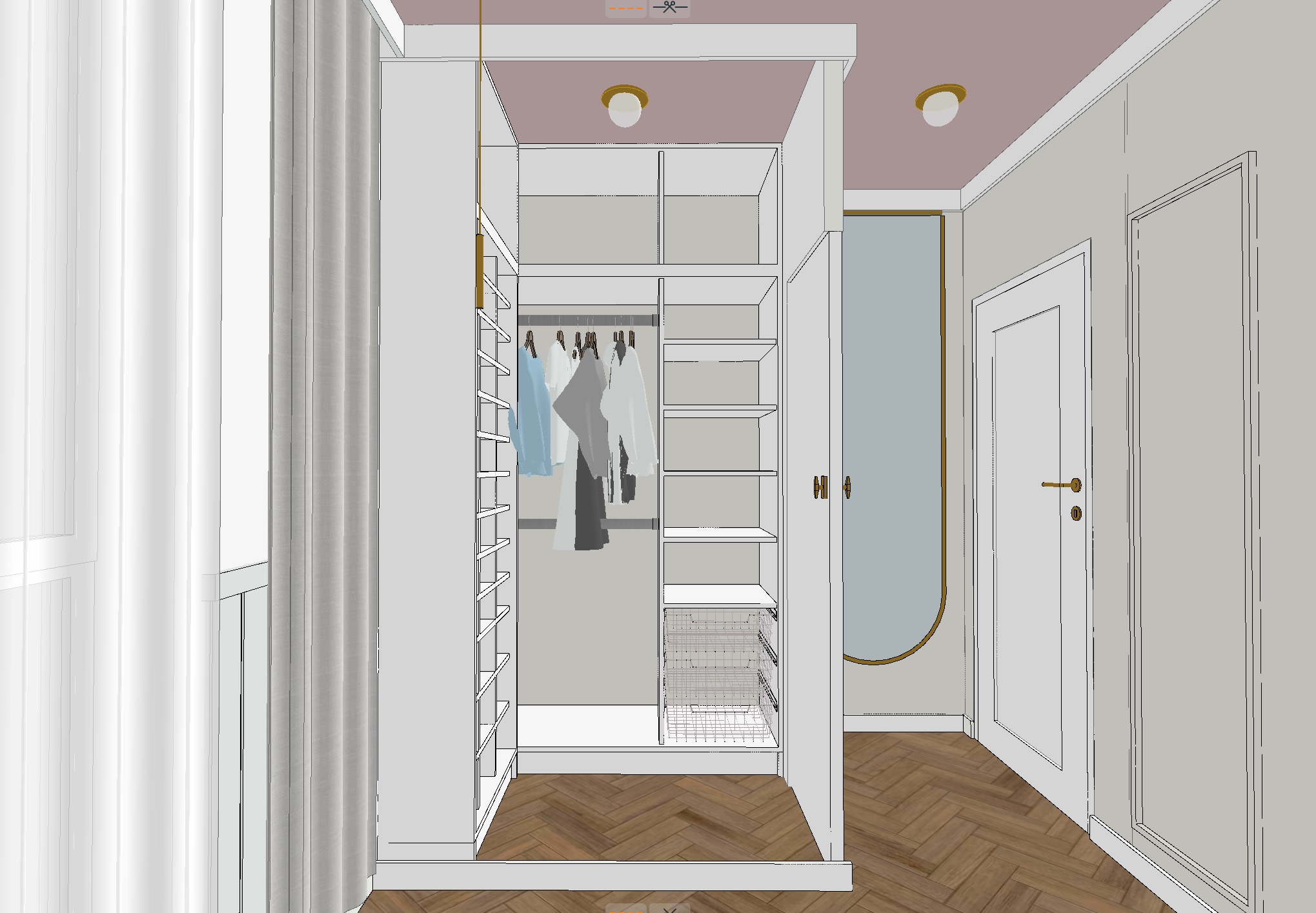 Wizualizacja 3D wnętrza garderoby z otwartymi drzwiami, widoczne ubrania na wieszakach, półki i kosz druciany, parkiet w jodełkę na podłodze, w tle drzwi i lustro w złotej ramie.