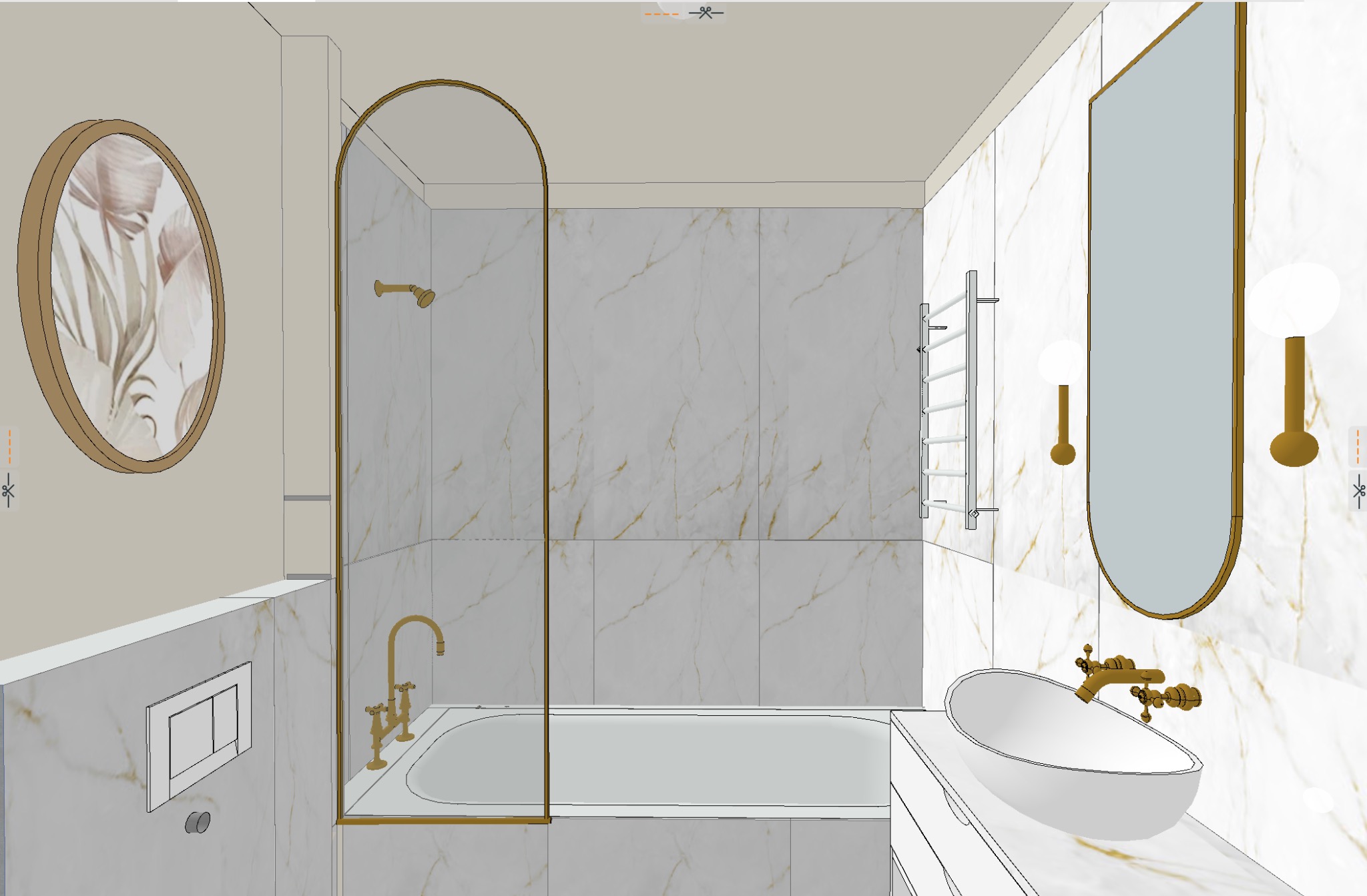 Wizualizacja 3D łazienki w odcieniach bieli i złota, z wanną za szklaną ścianką, owalnym lustrem i umywalką na blacie z marmuru.