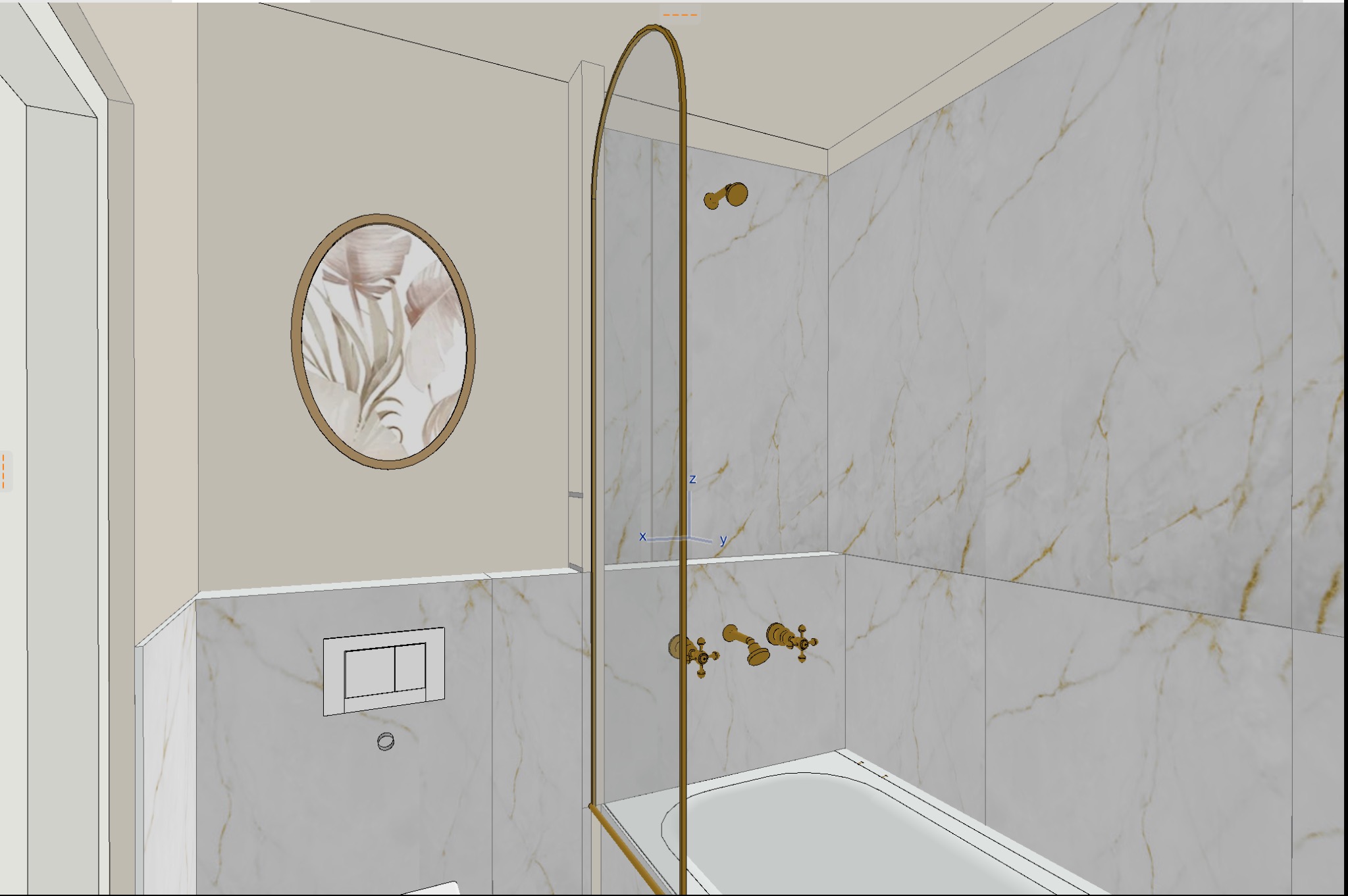 Wizualizacja łazienki z wanną, szklanym parawanem nawannowym w złotej ramie, armaturą w kolorze złota i okrągłym obrazem z motywem roślinnym.