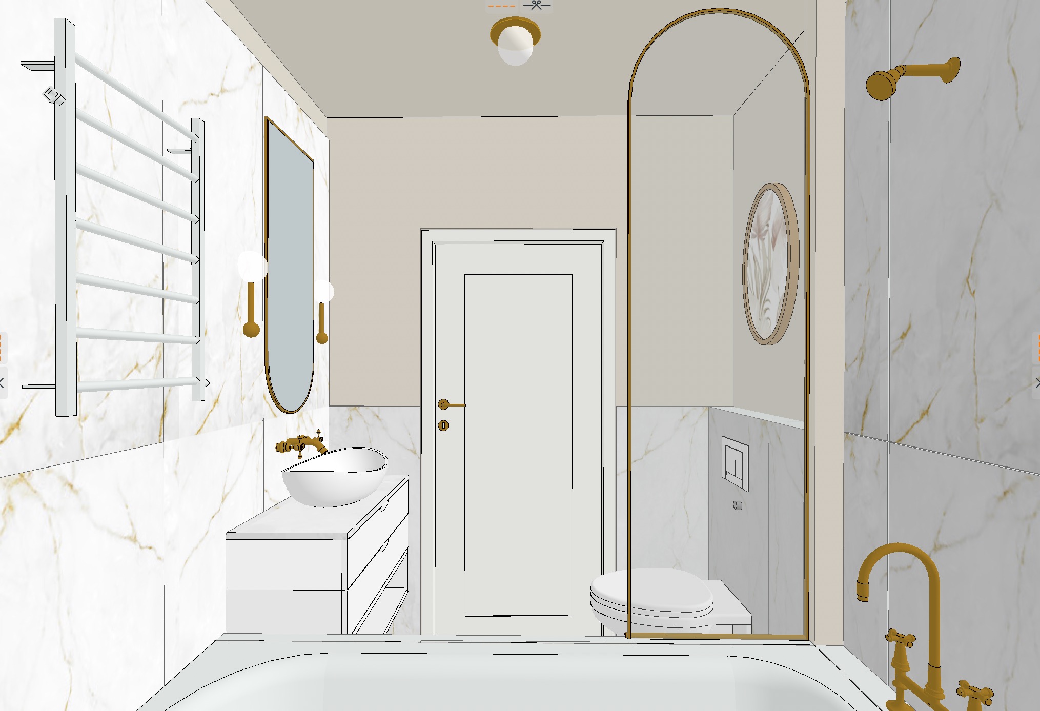 Wizualizacja łazienki z marmurowymi płytkami, białymi meblami i złotymi akcentami, w tym armatura, rama lustra i grzejnik ręcznikowy.