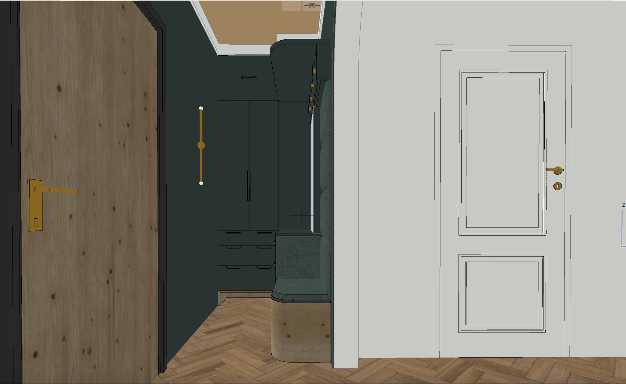 Wizualizacja 3D wnętrza z Galewic: drewniane drzwi z złotą klamką, zabudowa w kolorze ciemnej zieleni z siedziskiem i oświetleniem, parkiet w jodełkę oraz białe drzwi w tle.