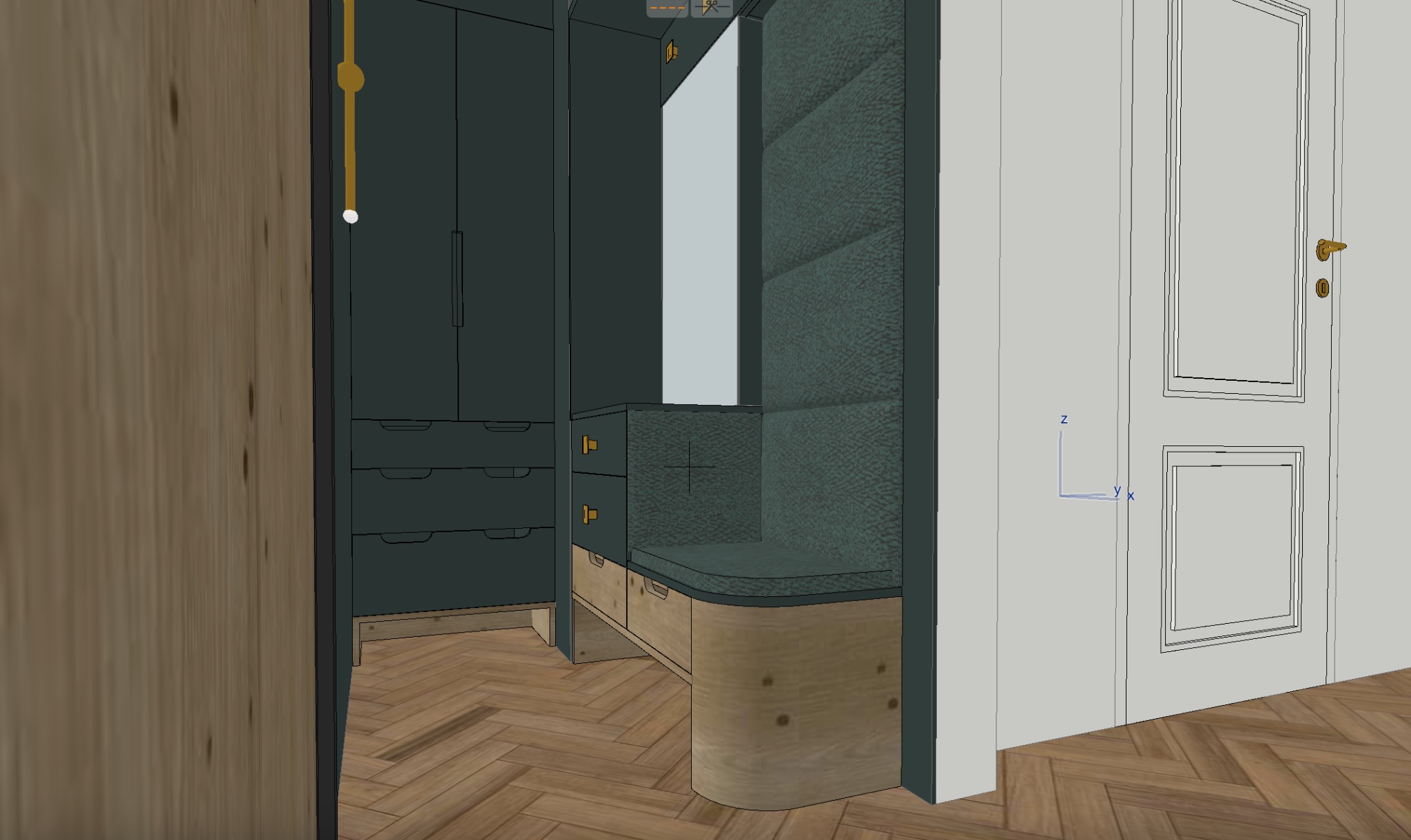 Wizualizacja wnętrza: zabudowa z szafą, siedziskiem z tapicerowanym oparciem i lustrem, drewniana podłoga w jodełkę, białe drzwi z dekoracyjnymi panelami.