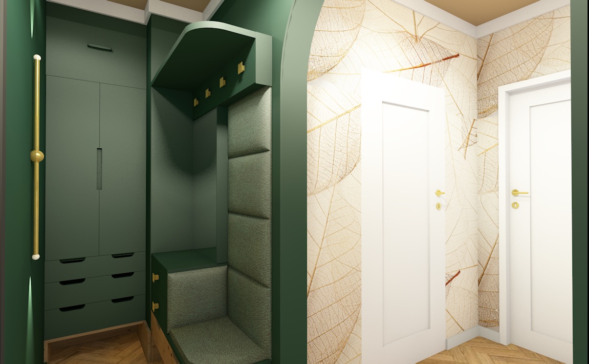 Wizualizacja korytarza wejściowego w odcieniach zieleni z zabudową stolarską, tapicerowanym siedziskiem i tapetą z motywem liści.