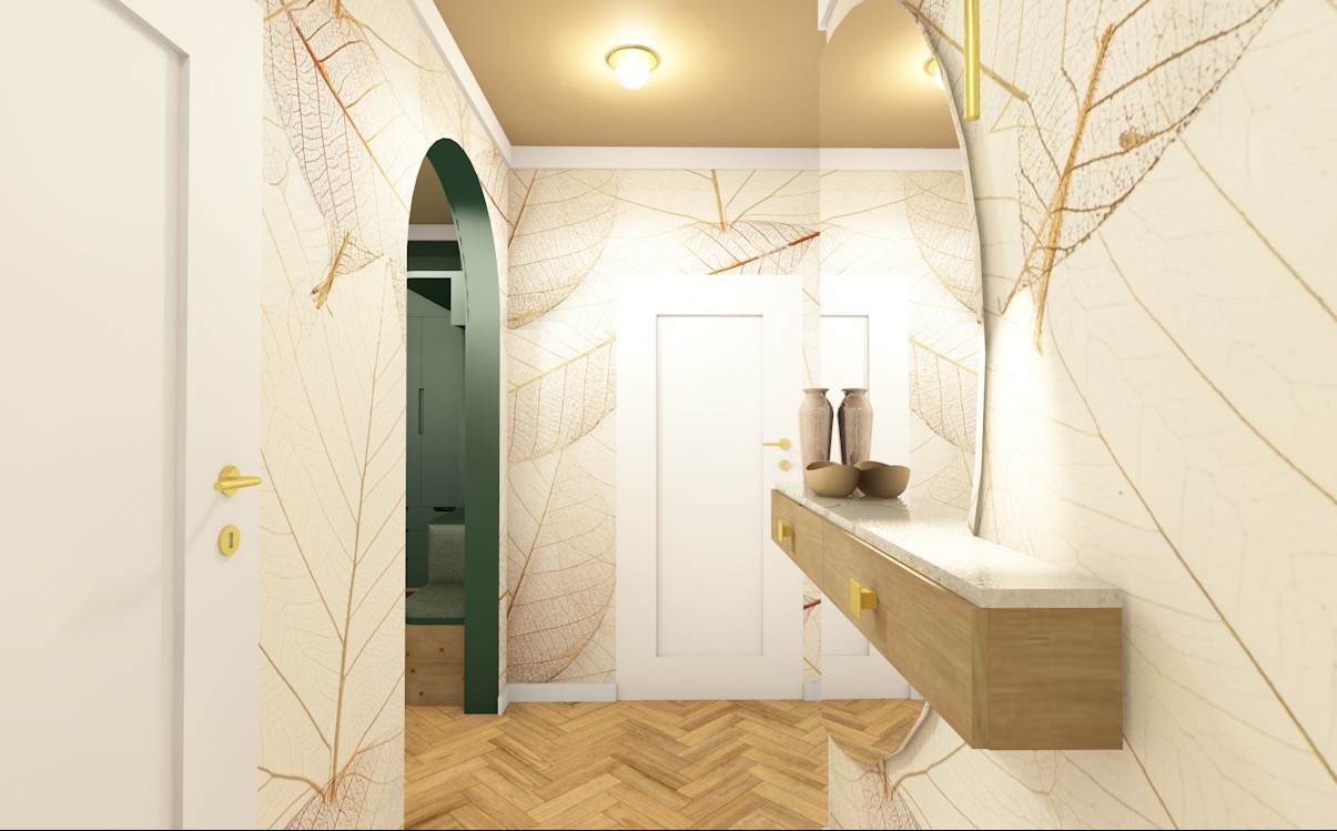 Wizualizacja - koncepcja plastyczna przedpokoju z tapetą i lustrem księżycowym