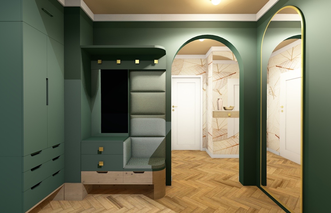 Wizualizacja - koncepcja plastyczna korytarza wejściowego z zabudową stolarską i tapicerką oraz przedpokoju z tapetą