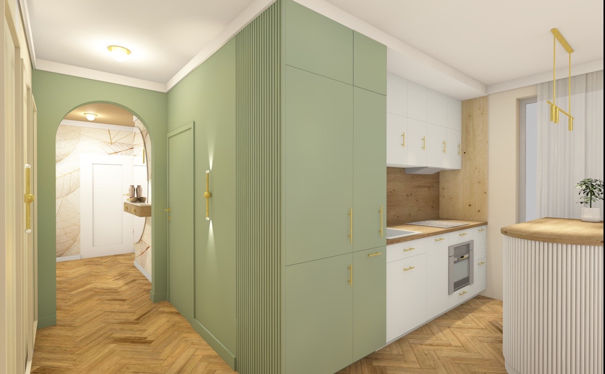 Wizualizacja wnętrza: hall z ukrytymi drzwiami w zielonej ścianie prowadzącymi do biura, przejście do aneksu kuchennego, parkiet w jodełkę, oświetlenie punktowe, minimalistyczny design.