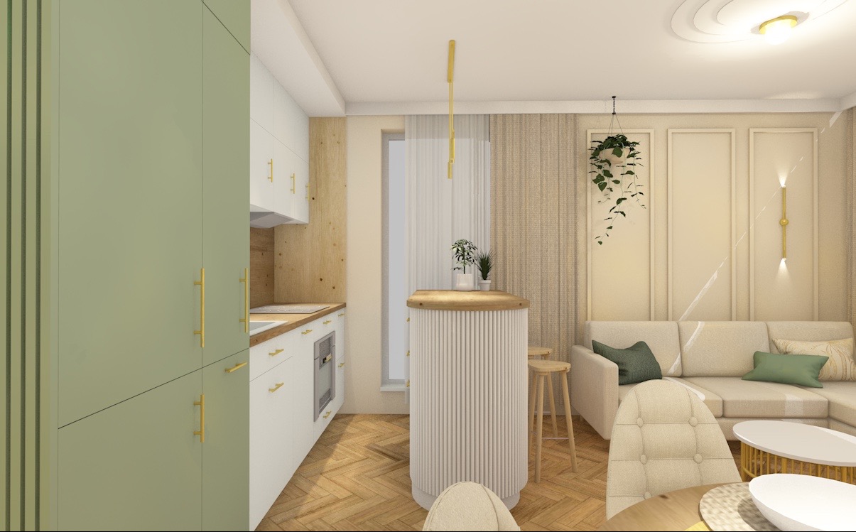 Wizualizacja - koncepcja plastyczna strefy dziennej z aneksem kuchennym i zaokrągloną wyspą