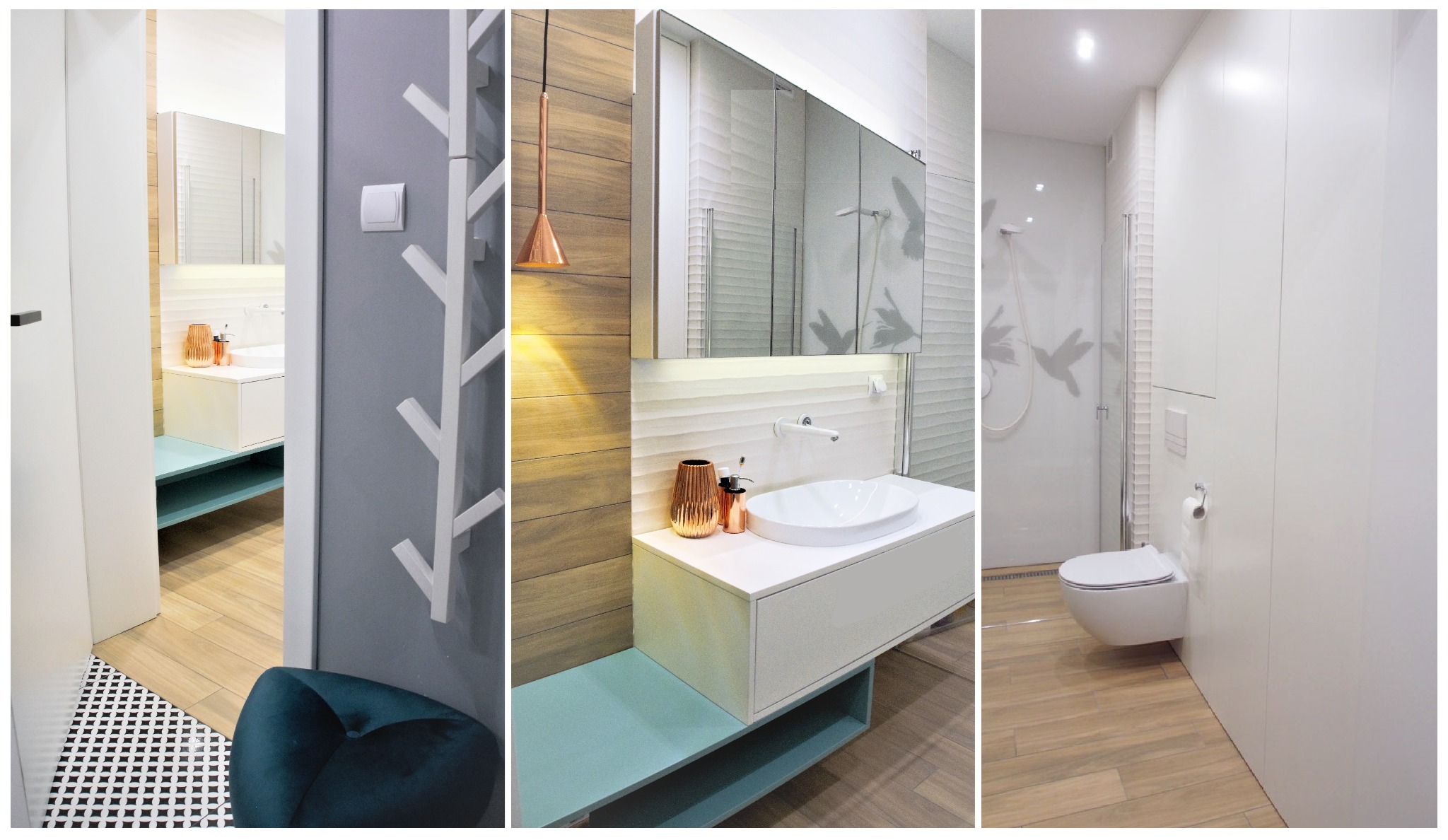 projekt nowoczesnej łazienki z kolorem / duża szafa na pralkę zintegrowana z zabudową geberitu