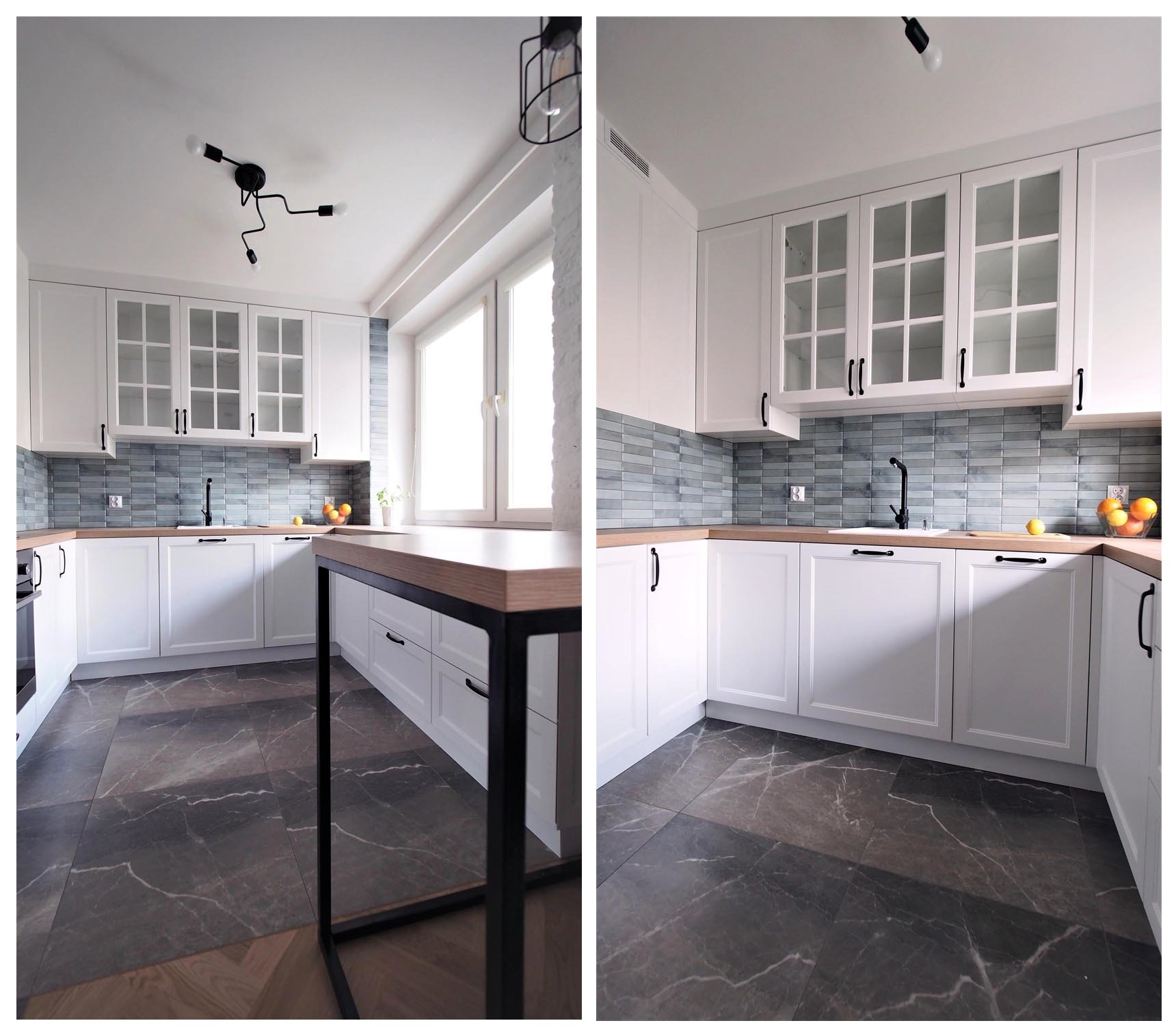 Jasna kuchnia w stylu skandynawskim z białymi szafkami, szarymi płytkami nad blatem i podłogą imitującą marmur. Na suficie widoczna lampa z trzema żarówkami na czarnych, giętkich ramionach.