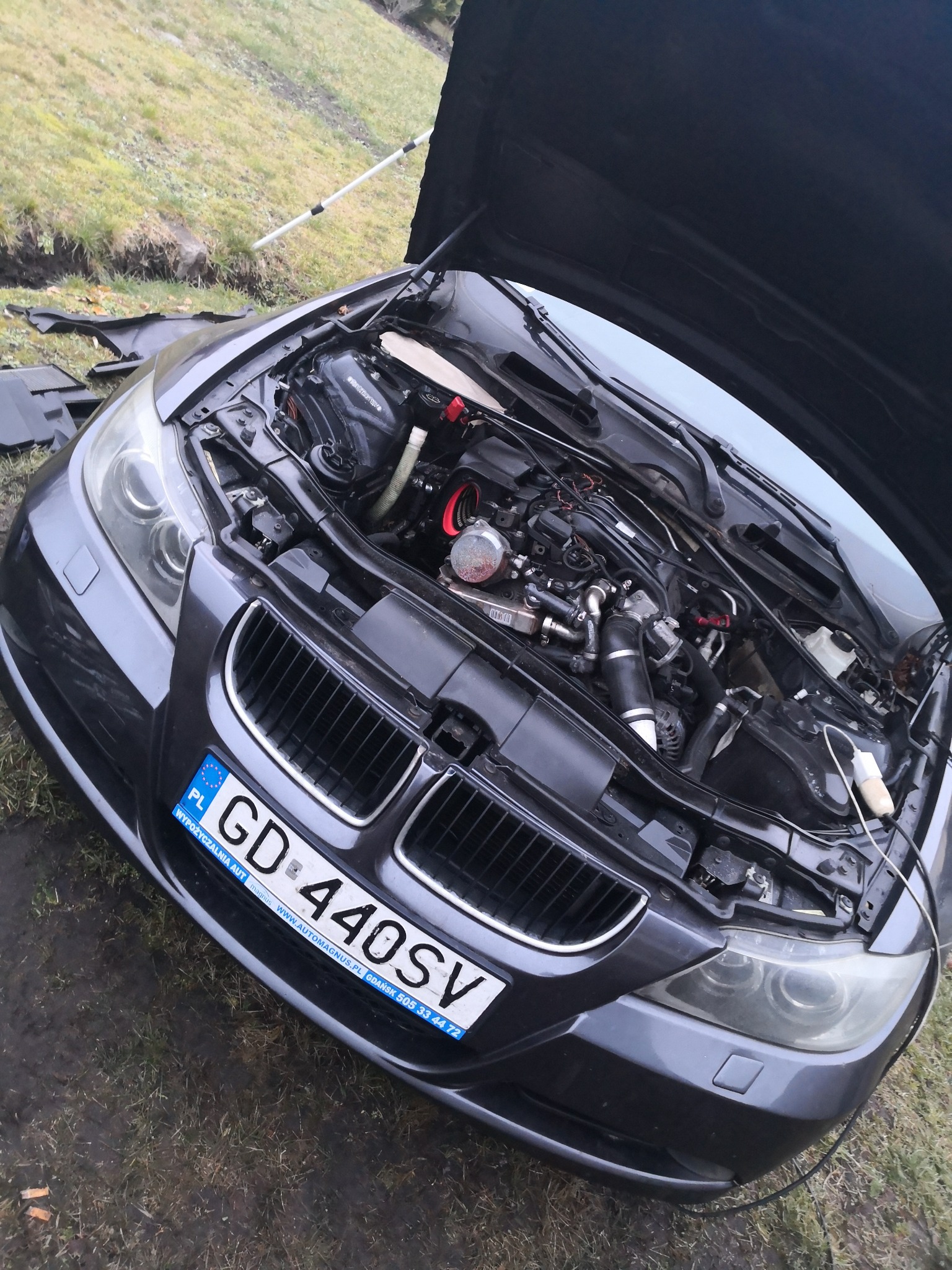 Otwarta maska ciemnoszarego samochodu BMW na zewnątrz, widoczny silnik z elementami w kolorze czerwonym, podłączony kabel diagnostyczny, trawa w tle.