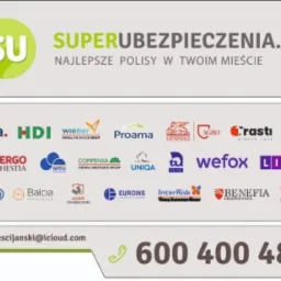 Kompozycja z logo firmy Superubezpieczenia.pl oraz logo różnych towarzystw ubezpieczeniowych, adres email i numer telefonu kontaktowego.