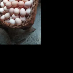 Kosz wiklinowy wypełniony świeżymi, różowo-beżowymi jajami kurzymi, widoczne opakowanie na jaja w tle.