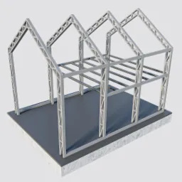 Wizualizacja 3D szkieletu domu z metalowych profili na betonowej płycie fundamentowej, ukazująca konstrukcję dachu i ścian.