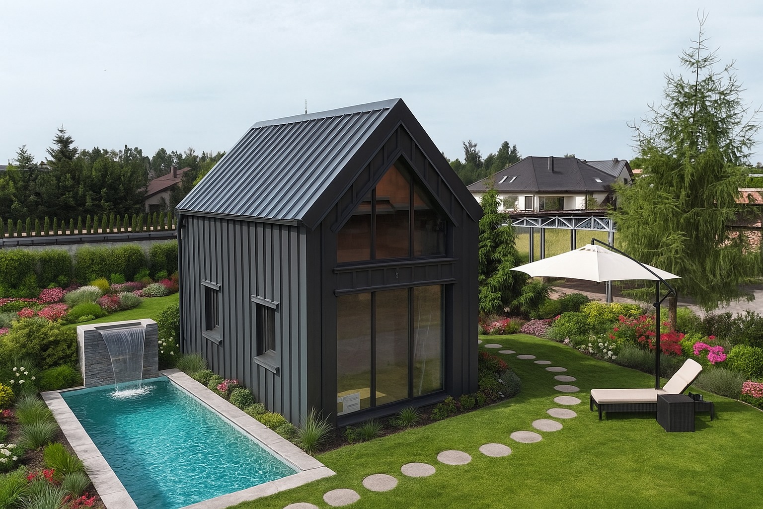 Czarny, nowoczesny budynek z blachy na tle ogrodu z basenem i wodospadem. Widok z góry na ścieżkę z kamieni prowadzącą do leżaka pod parasolem.