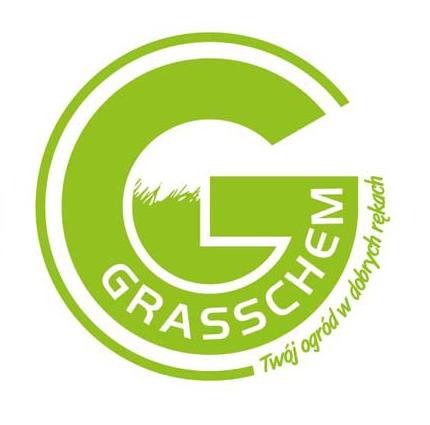 Zielone logo firmy Grasschem z motywem trawy i napisem 'Twój ogród w dobrych rękach'.
