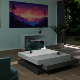 Wizualizacja salonu z turkusową sofą, stolikiem kawowym na dwóch poziomach, pufą i dwoma obrazami na ścianie, z widokiem na ogród przez duże okno.