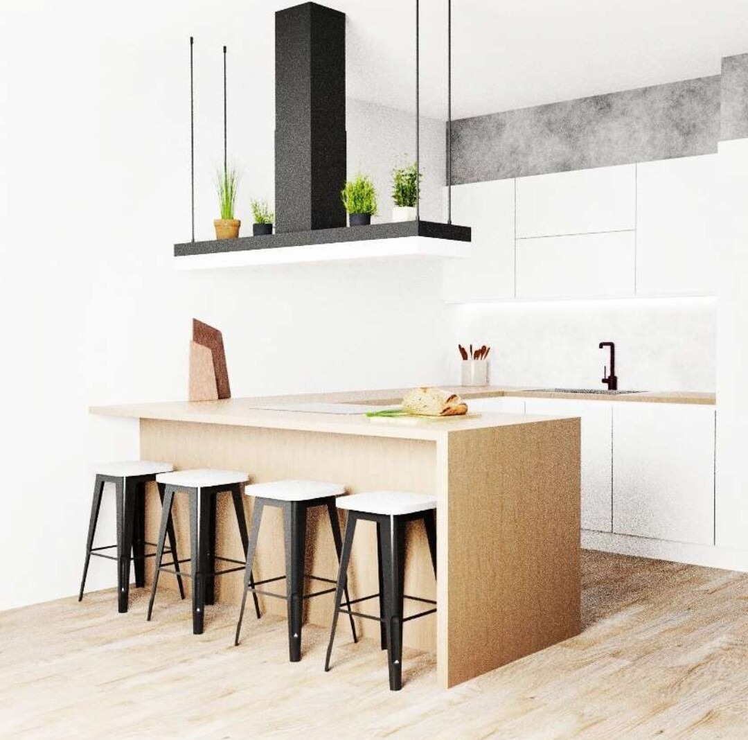 Wizualizacja nowoczesnej kuchni z wyspą, czterema czarnymi hokerami, białymi szafkami i wiszącym okapem z roślinami doniczkowymi.