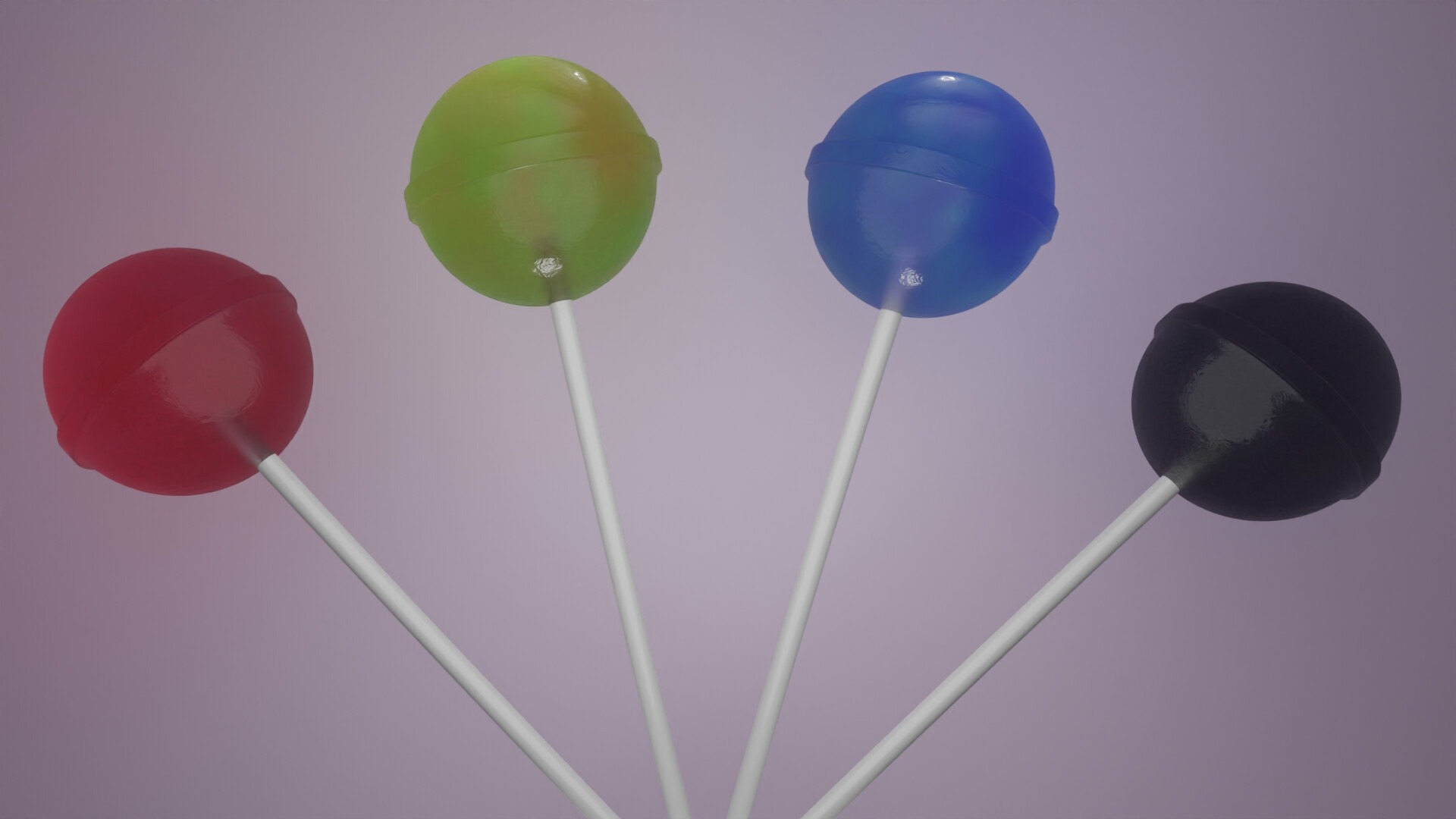 Cztery lizaki o różnych kolorach (czerwony, zielony, niebieski, czarny) na białych patyczkach, ustawione wachlarzowato na rozmytym, fioletowym tle.