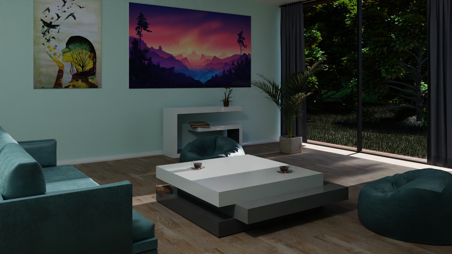 Wizualizacja salonu z turkusową sofą, stolikiem kawowym na dwóch poziomach, pufą i dwoma obrazami na ścianie, z widokiem na ogród przez duże okno.