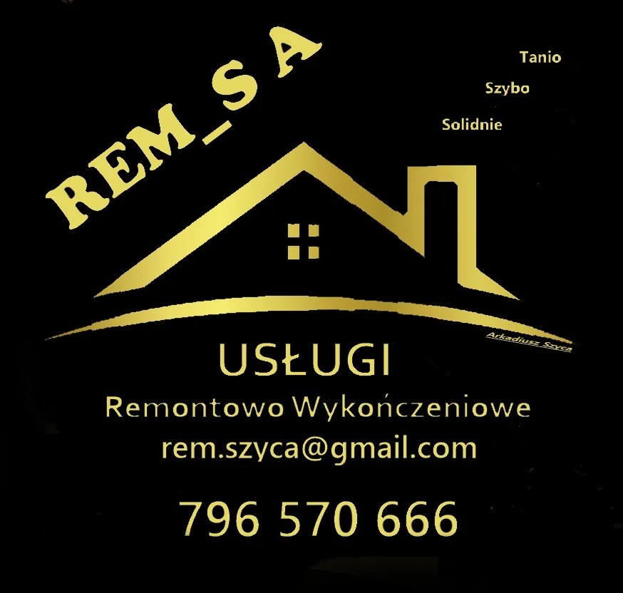 Logo firmy REM_SA świadczącej usługi remontowo-wykończeniowe, złoty symbol domu na czarnym tle, kontaktowy adres e-mail i numer telefonu.