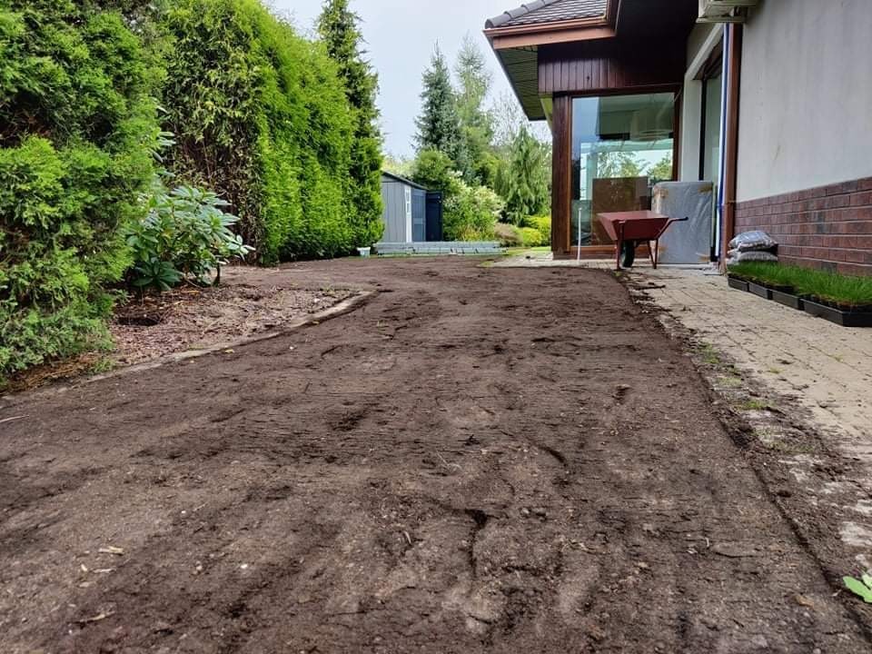 Przygotowany teren pod trawnik, widoczna ubita ziemia, obok kostka brukowa i sadzonki trawy w doniczkach, taczka oparta o ścianę domu.