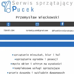 Logo firmy sprzątającej Pucek Przemysław Więckowski z numerem telefonu, adresem e-mail i nazwą profilu na Facebooku, oferującej usługi w zakresie sprzątania, mycia okien na wysokości, prania...