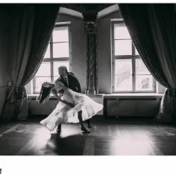 Czarno-białe zdjęcie pary młodej tańczącej w przestronnym wnętrzu z wysokimi oknami i dekoracyjnymi kolumnami, on w garniturze, ona w sukni ślubnej, dynamiczne ujęcie w ruchu.