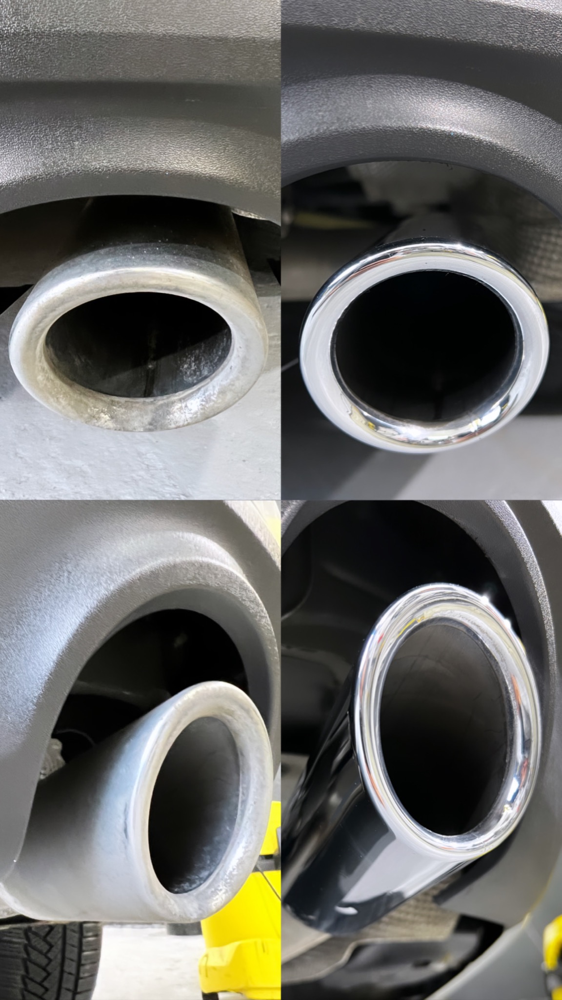 Kolaż przedstawiający cztery ujęcia końcówek wydechu samochodowego, prezentujący efekt czyszczenia i polerowania - przed i po zabiegu.