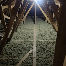 Usługi remontowo budowlane Tomasz Muła - Poddasze z drewnianą konstrukcją wypełnione szarozieloną izolacją, widok z dołu na oświetlenie sufitowe.