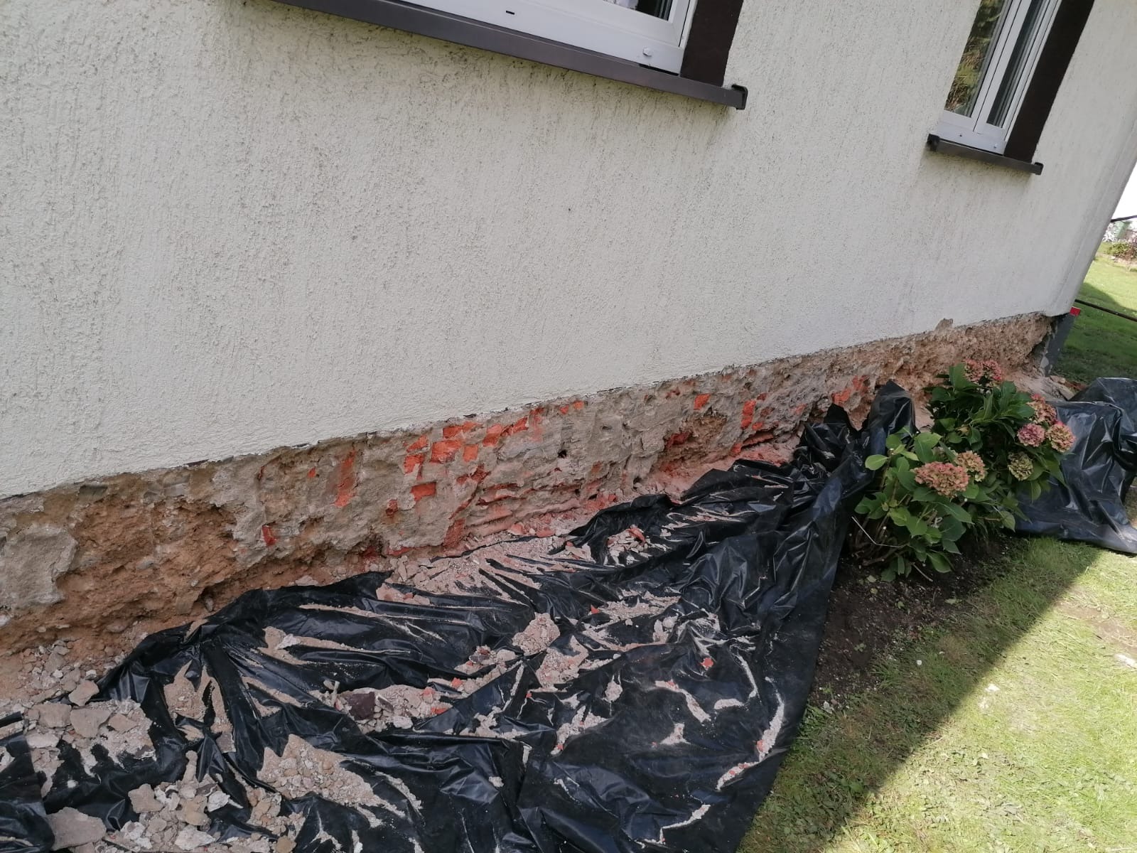 Przygotowanie do ocieplenia elewacji: odsłonięty fragment muru z czerwonej cegły, zabezpieczony czarną folią, widoczne okno i fragment trawnika z hortensją.