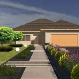 Wizualizacja parterowego domu z brązowym dachem, drewnianą bramą garażową i podświetlaną ścieżką prowadzącą do wejścia, otoczonego zagospodarowanym ogrodem z kulistymi drzewami i ozdobnymi trawami.