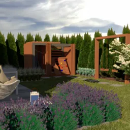 Wizualizacja ogrodu z huśtawką, wiszącym fotelem, drewnianym domkiem ze ścianką wspinaczkową i kwitnącą lawendą na pierwszym planie.