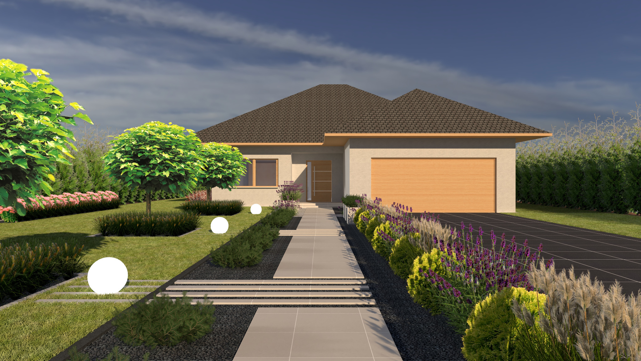 Wizualizacja parterowego domu z brązowym dachem, drewnianą bramą garażową i podświetlaną ścieżką prowadzącą do wejścia, otoczonego zagospodarowanym ogrodem z kulistymi drzewami i ozdobnymi trawami.