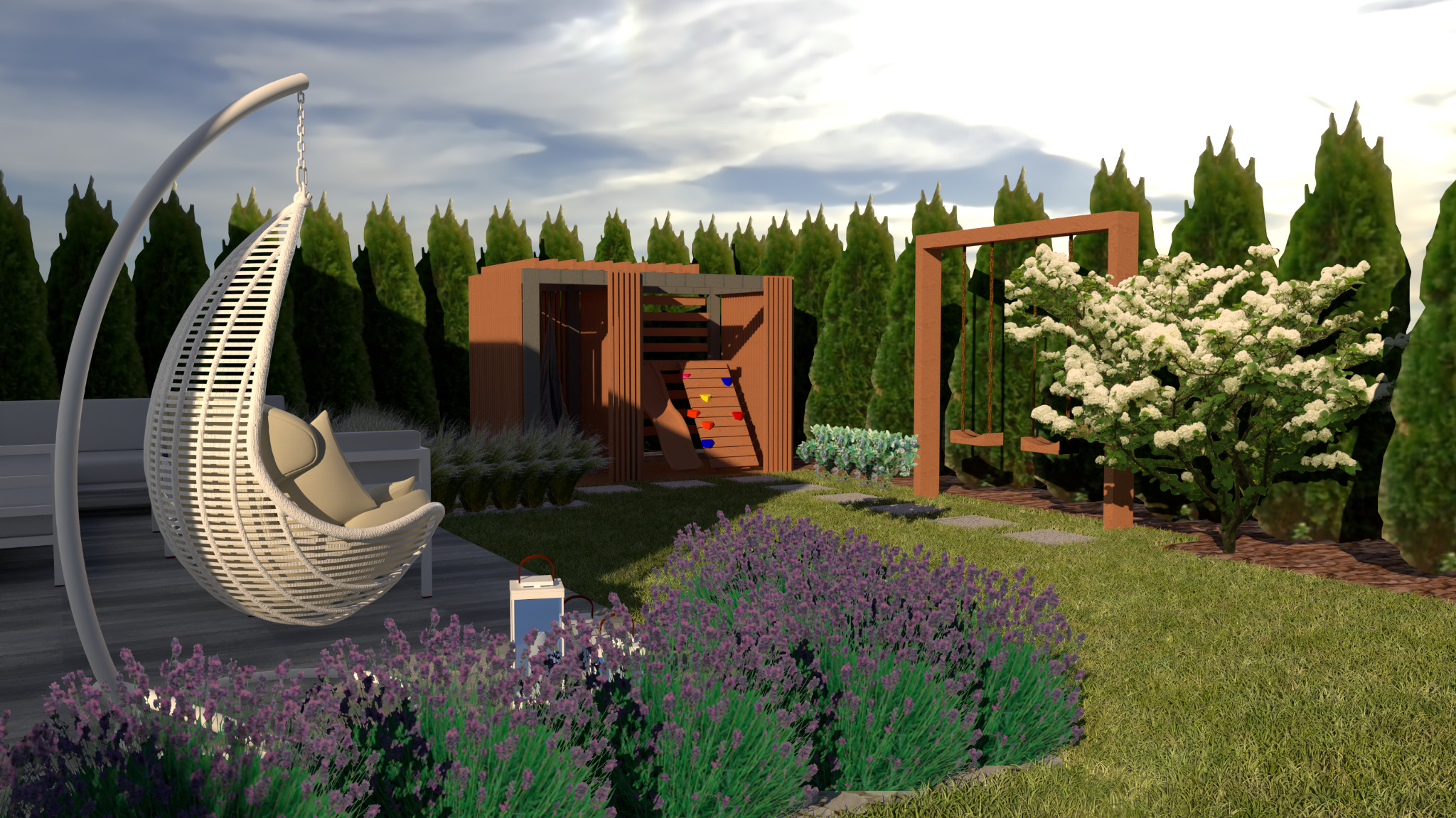 Wizualizacja ogrodu z huśtawką, wiszącym fotelem, drewnianym domkiem ze ścianką wspinaczkową i kwitnącą lawendą na pierwszym planie.