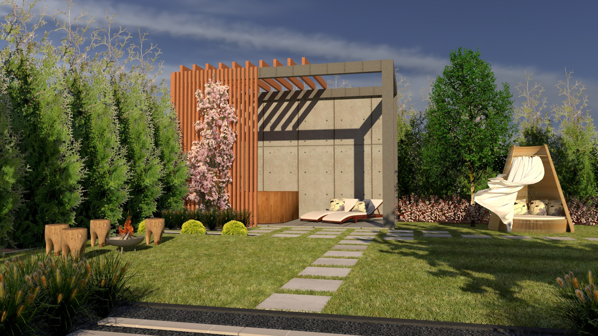 Wizualizacja ogrodu z nowoczesną architekturą: pergola z betonowymi elementami, drewniana ściana z kwitnącą rośliną, leżaki, palenisko otoczone siedziskami z pniaków i altana z zasłonami.