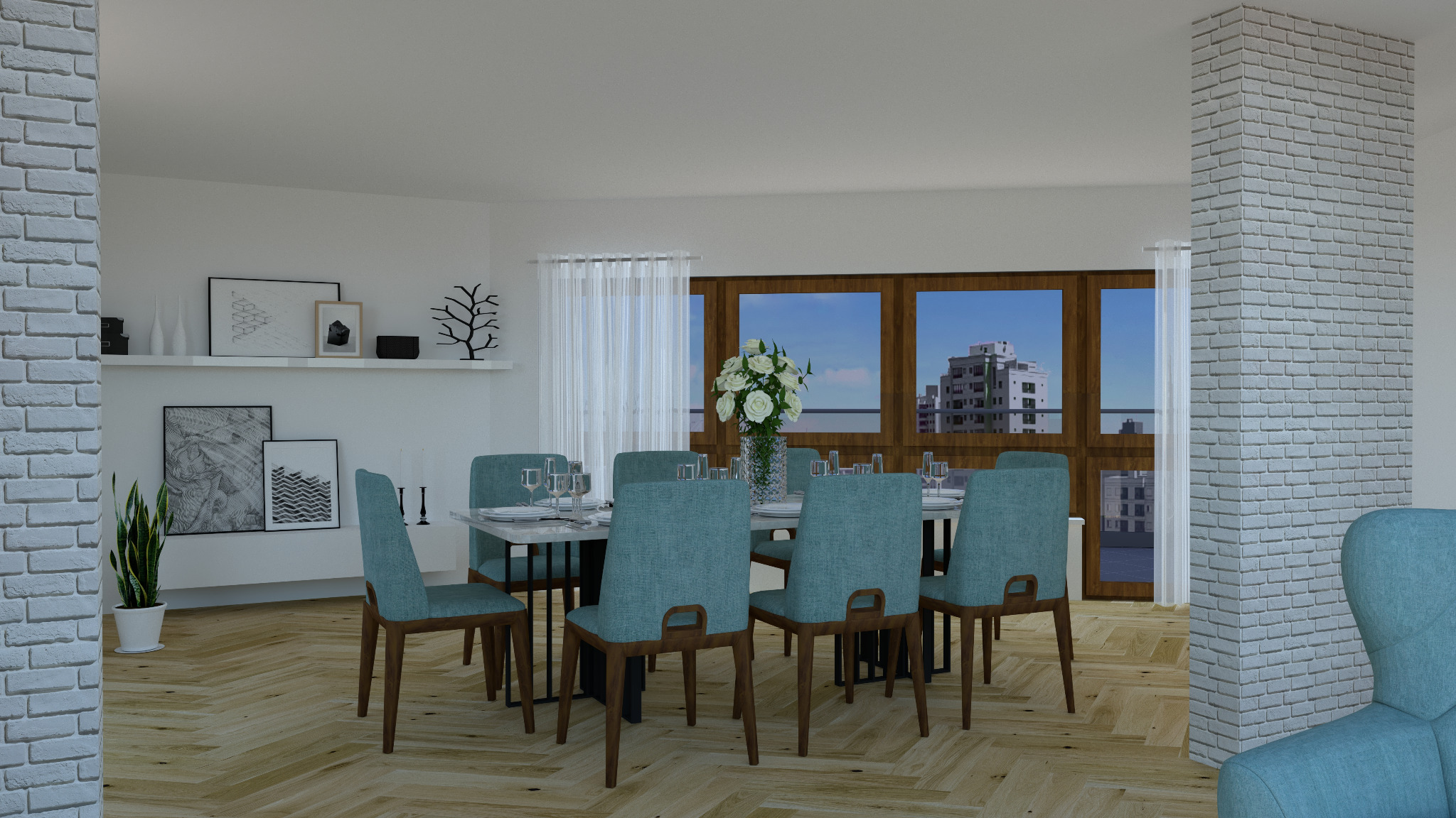 Wizualizacja jadalni z marmurowym stołem, turkusowymi krzesłami i parkietem w jodełkę, z widokiem na budynki przez okno.