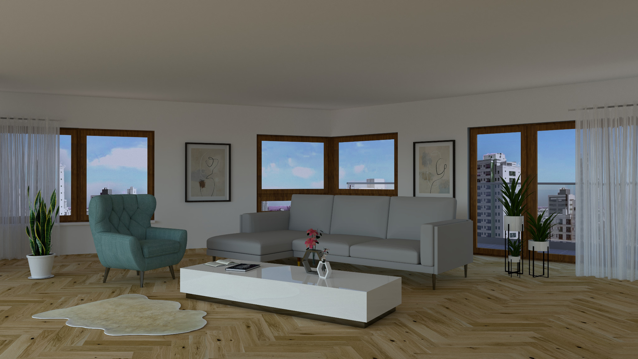 Jasne wnętrze salonu z szarą sofą, turkusowym fotelem, białym stolikiem kawowym i parkietem w jodełkę, widok na miasto za oknem.